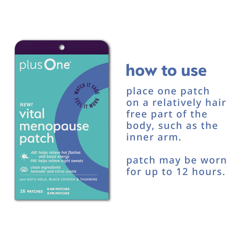 Plus One wellness patch box highlighting vegan and hormone free features