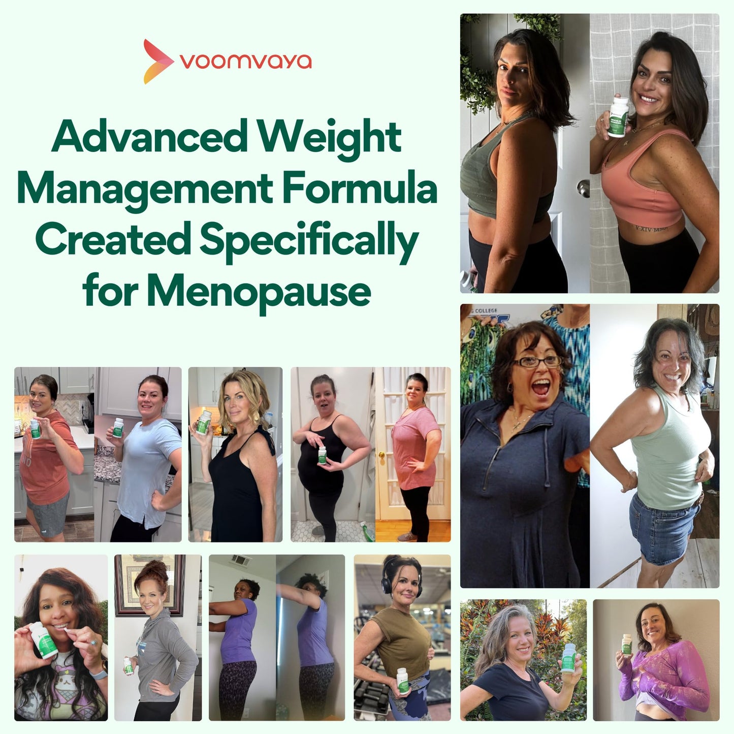 VoomVaya MenoSlim Advanced bottle showing the natural metabolism and weight management benefits text