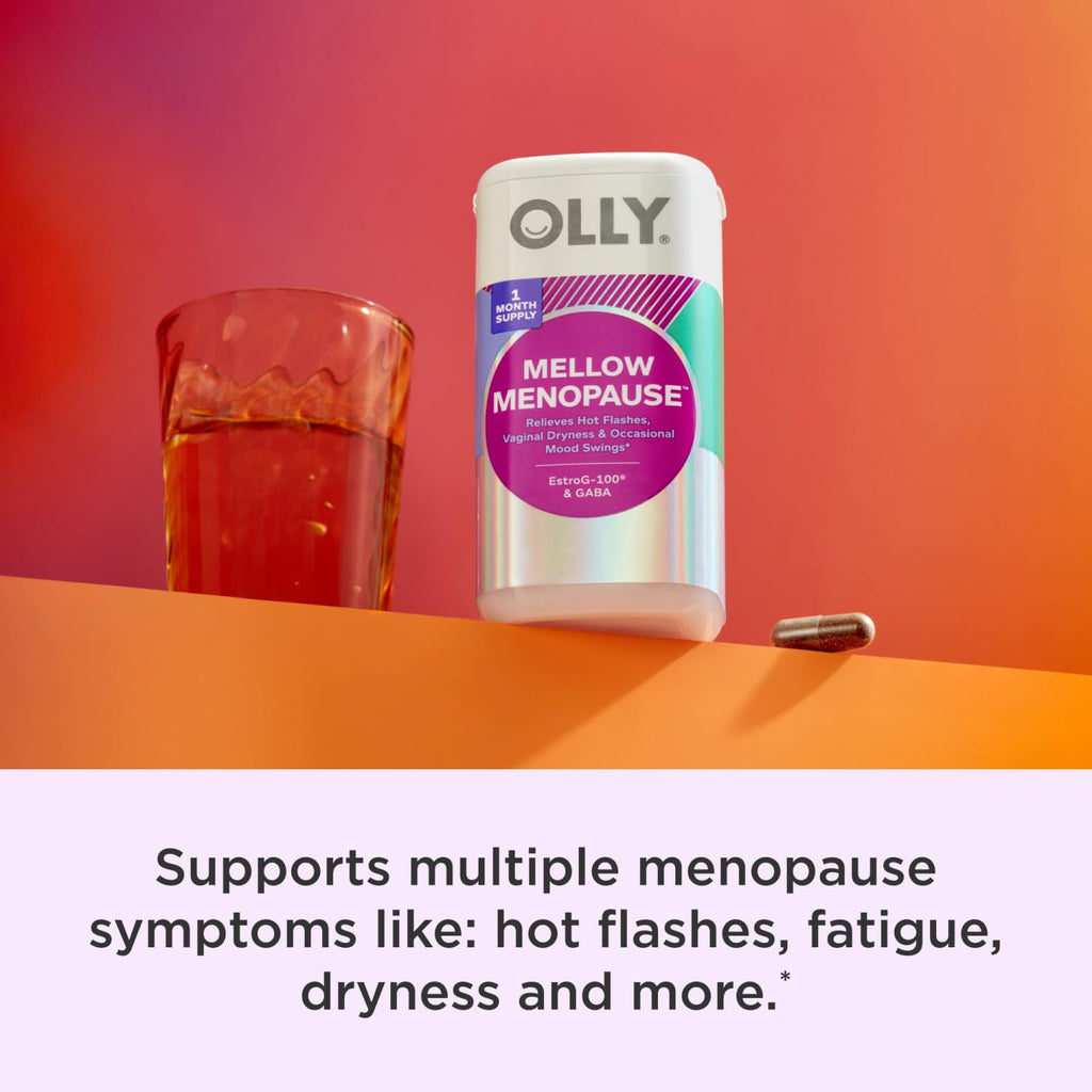 Single brown Olly Mellow Menopause capsule next to bottle