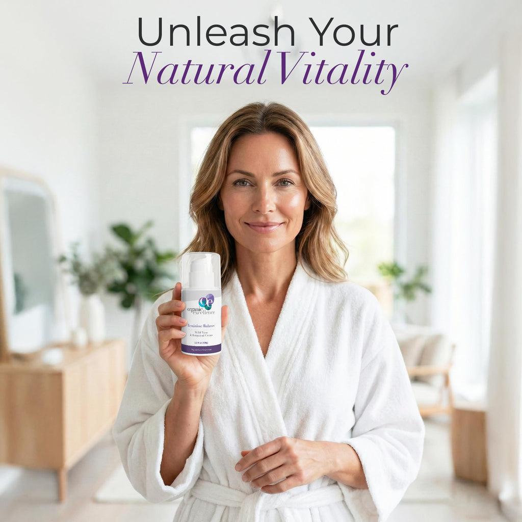 Organic Excellence Feminine Balance Cream natural botanical extracts display