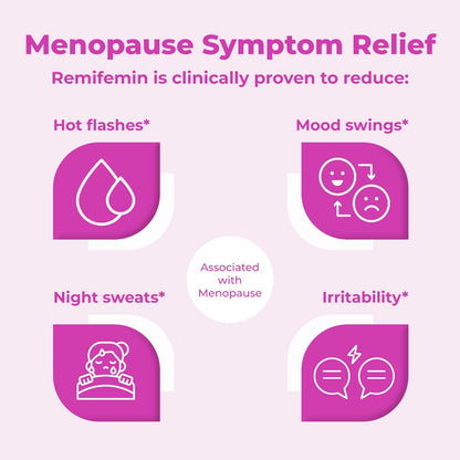Authentic Remifemin packaging detailing relief for night sweats and mood swings.