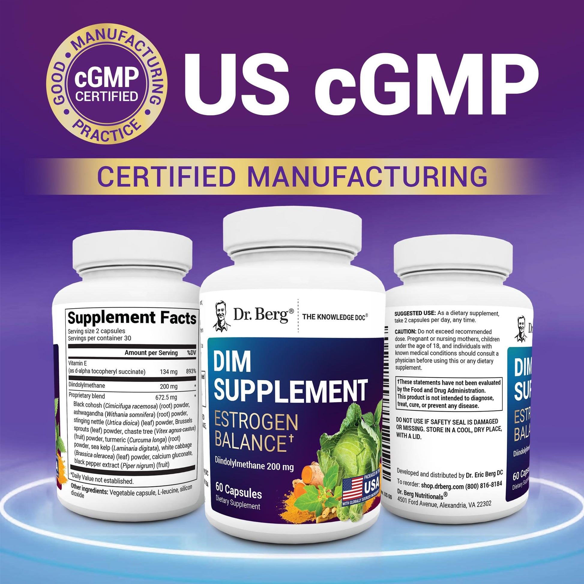 Dr. Berg DIM capsules bottle emphasizing the proprietary blend with black cohosh.