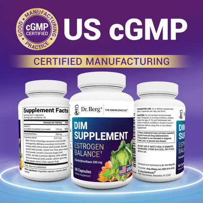 Dr. Berg DIM capsules bottle emphasizing the proprietary blend with black cohosh.