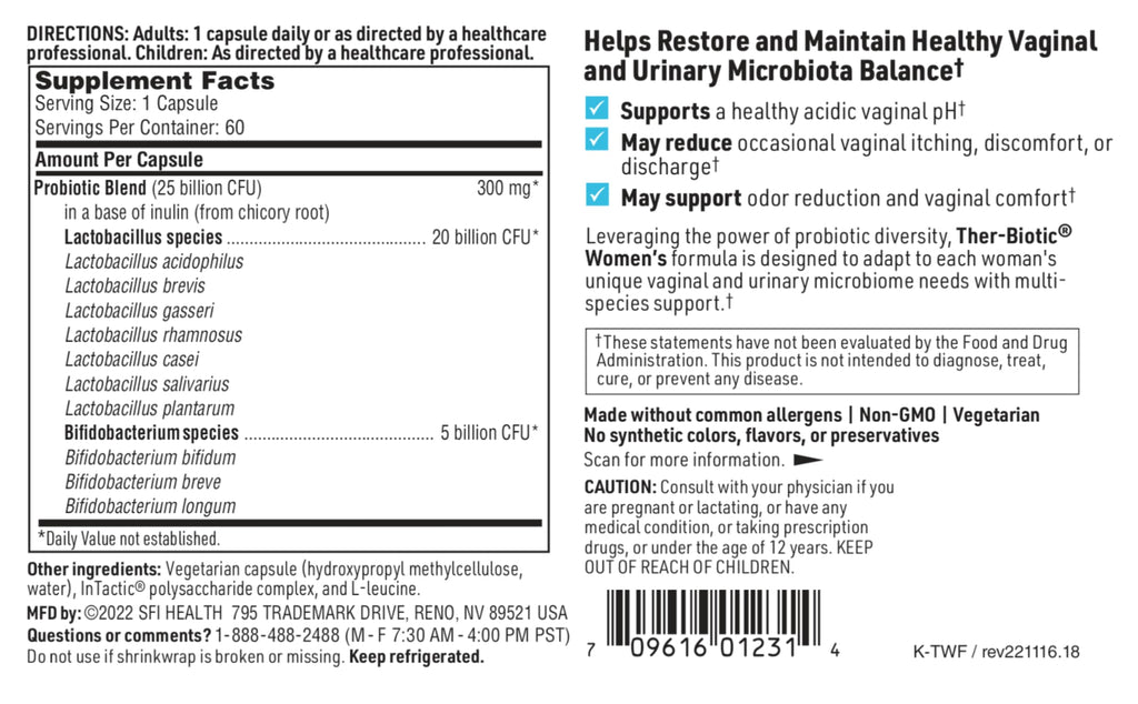 Klaire Labs Ther-Biotic Women's Probiotic hypoallergenic dairy-free gluten-free formula
