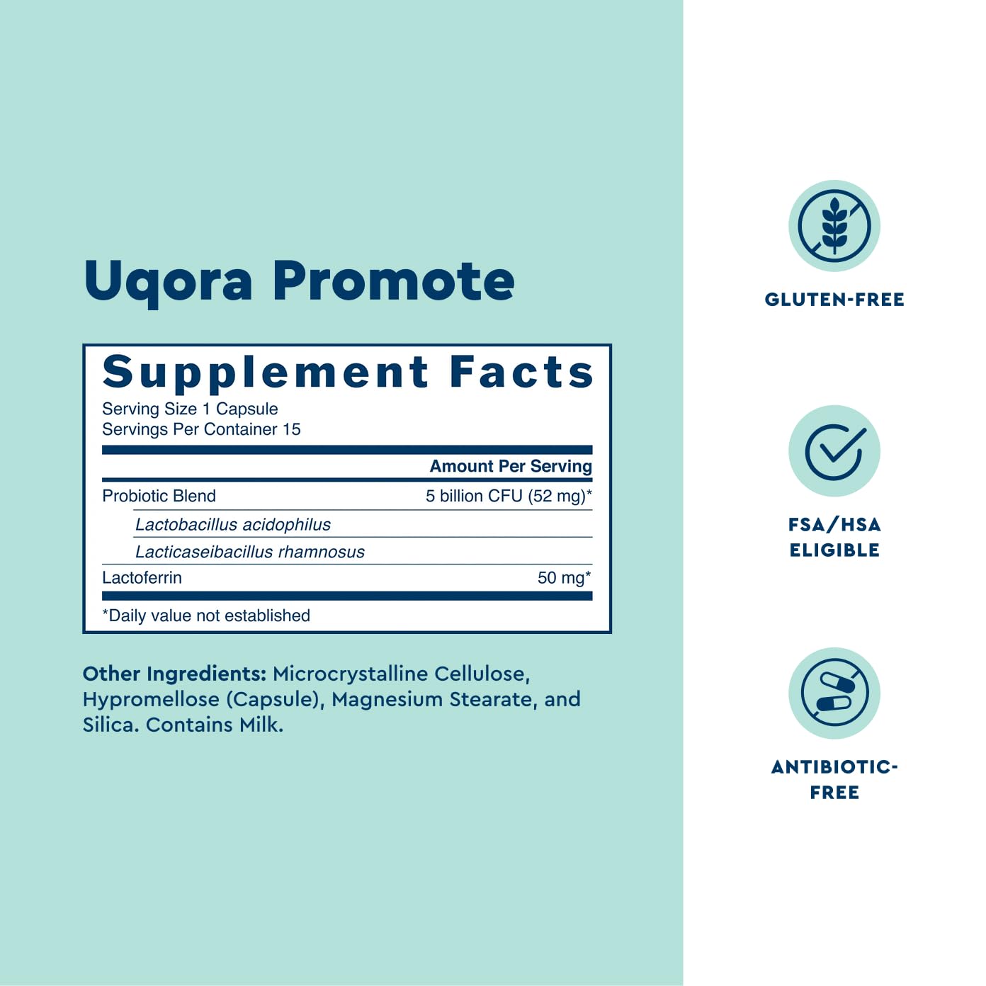 Uqora Promote vaginal probiotic capsules ingredient label closeup