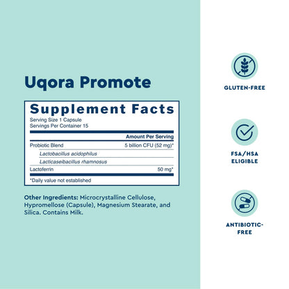 Uqora Promote vaginal probiotic capsules ingredient label closeup