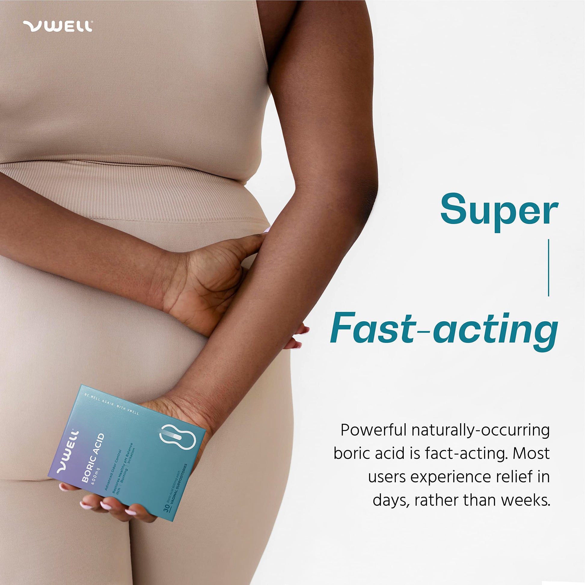 Close up of Vwell boric acid suppositories branding and count