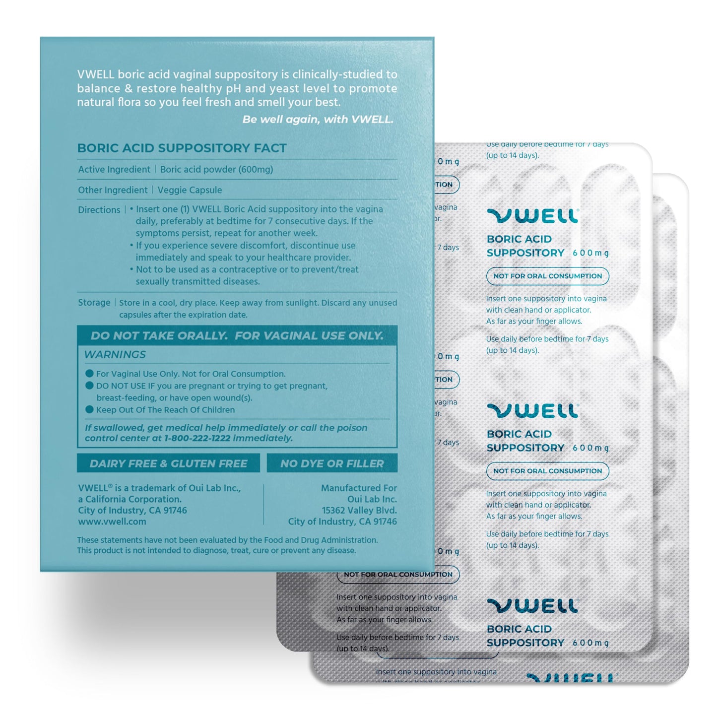 Instructions for use on Vwell boric acid suppository packaging