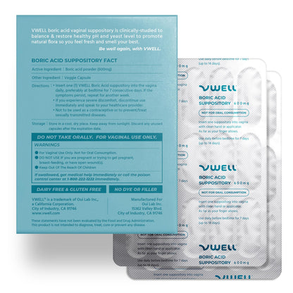 Instructions for use on Vwell boric acid suppository packaging