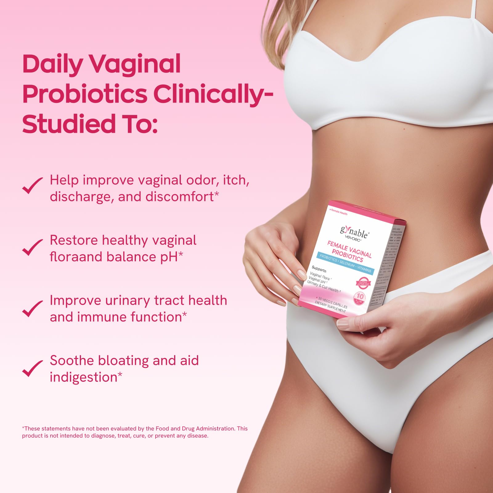 Vevoec Gynable 30 count probiotic capsule packaging