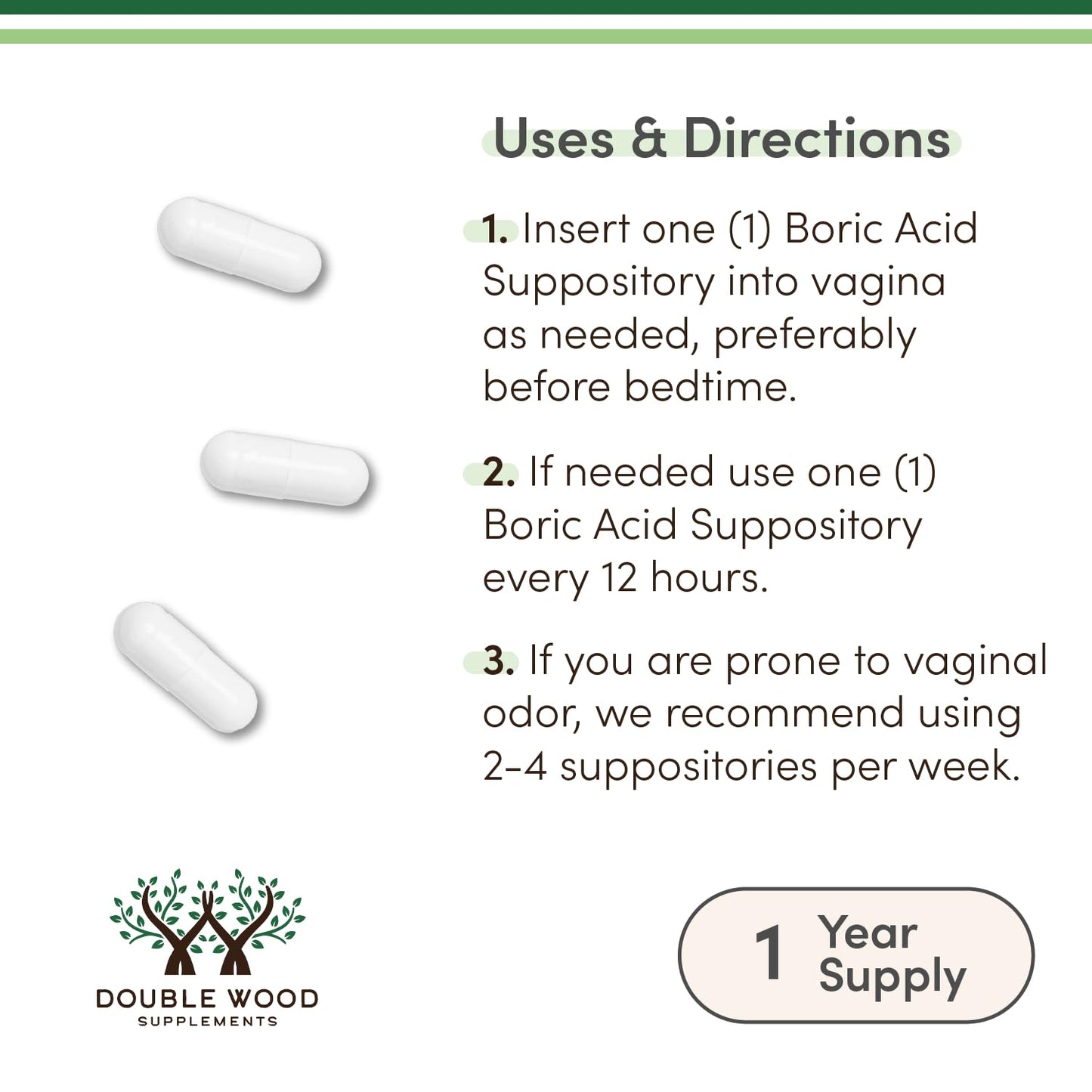 Double Wood Vaginal Suppositories 60 count bottle side view