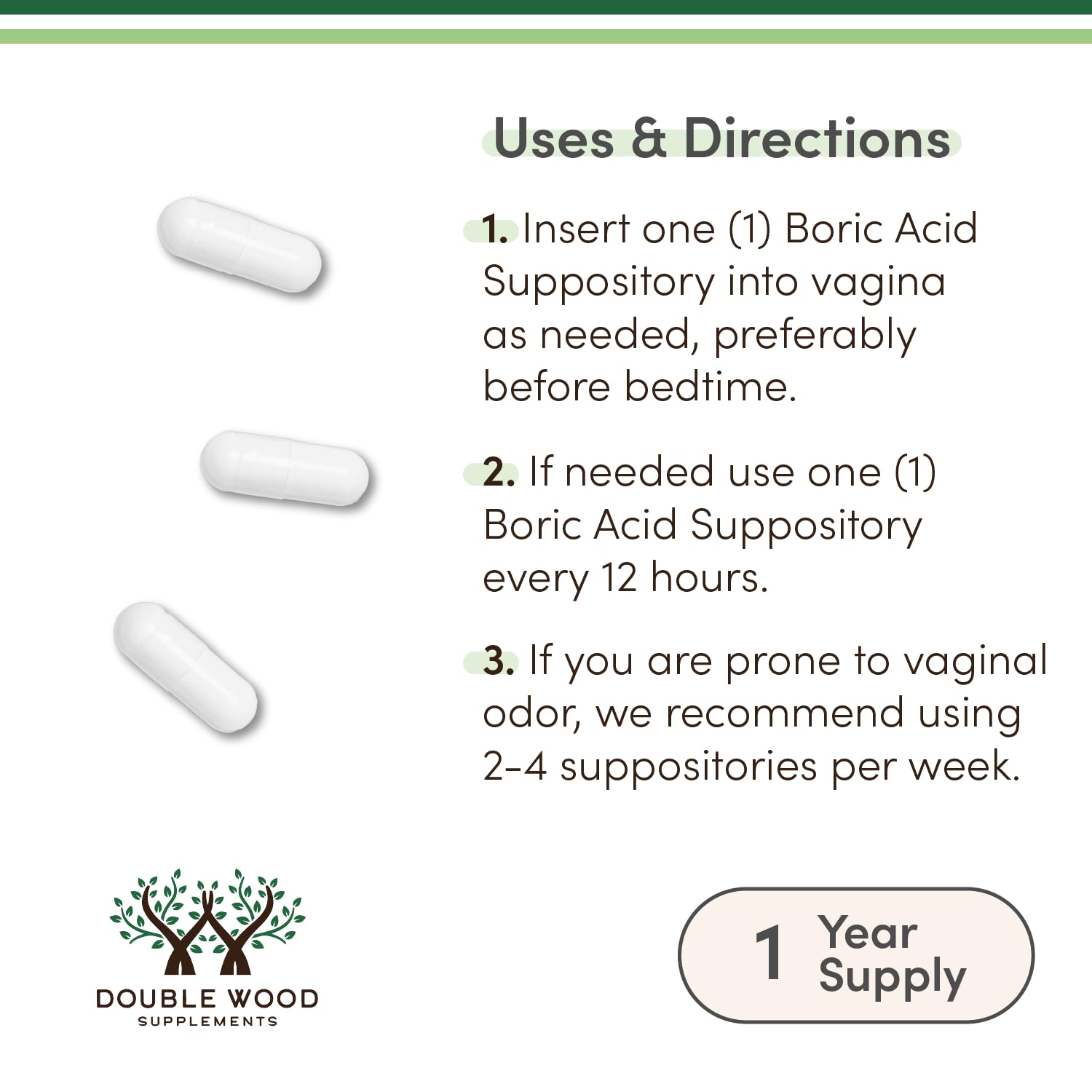 Double Wood Vaginal Suppositories 60 count bottle side view