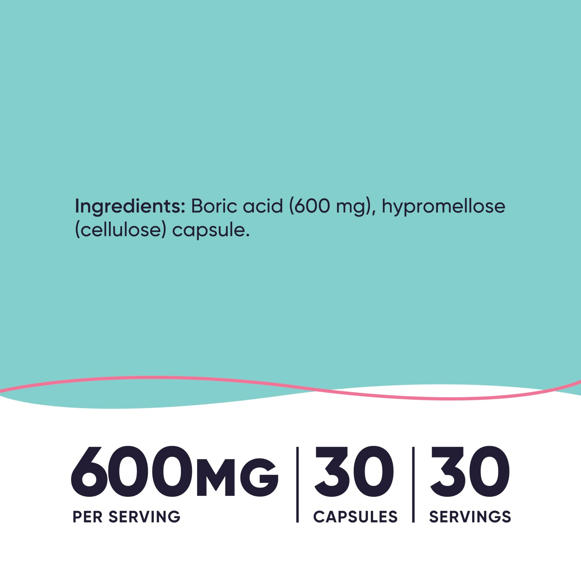 Nutricost Boric Acid vaginal capsules supplement label layout highlighting the 600mg dosage per serving.