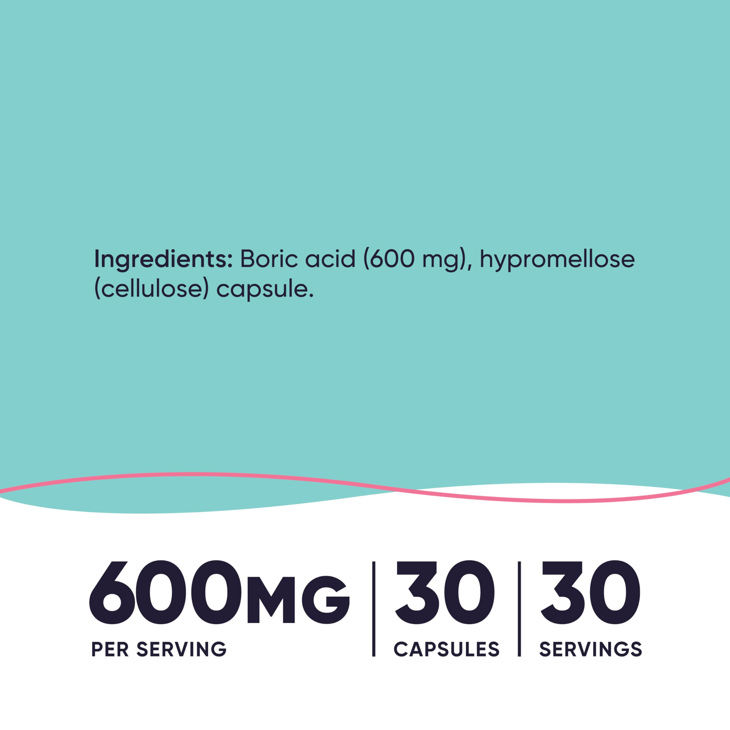 Nutricost Boric Acid vaginal capsules supplement label layout highlighting the 600mg dosage per serving.