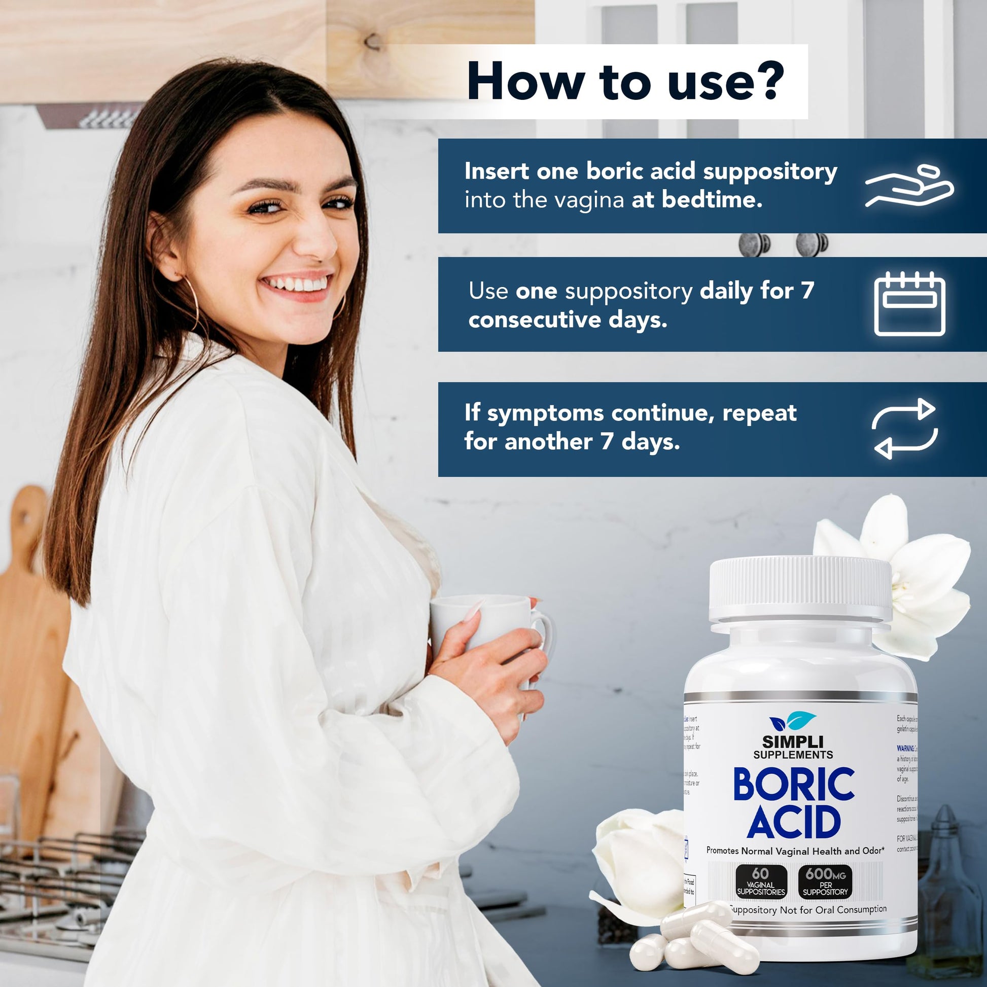 Simpli Supplements boric acid suppositories bottle with 60 count label