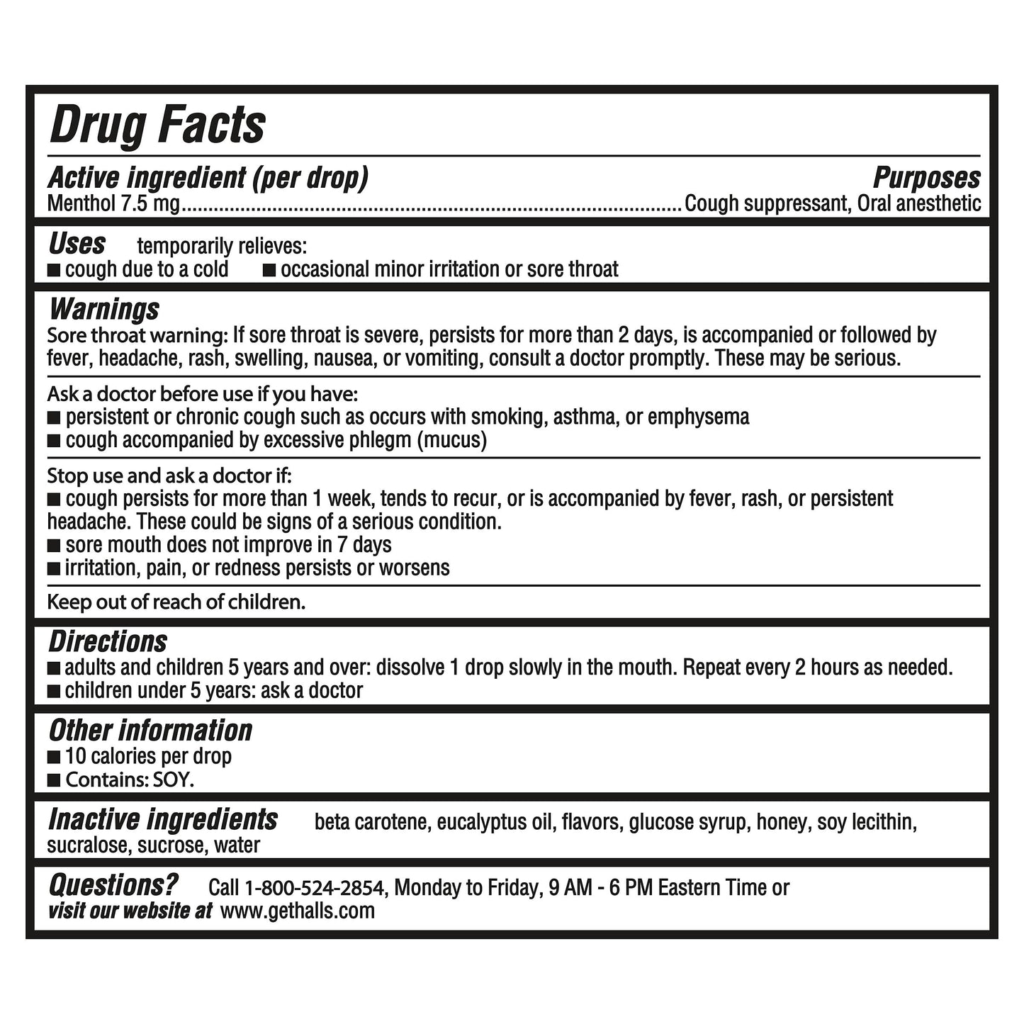 HALLS menthol lozenges eighty count bag layout displaying nutritional drug facts.