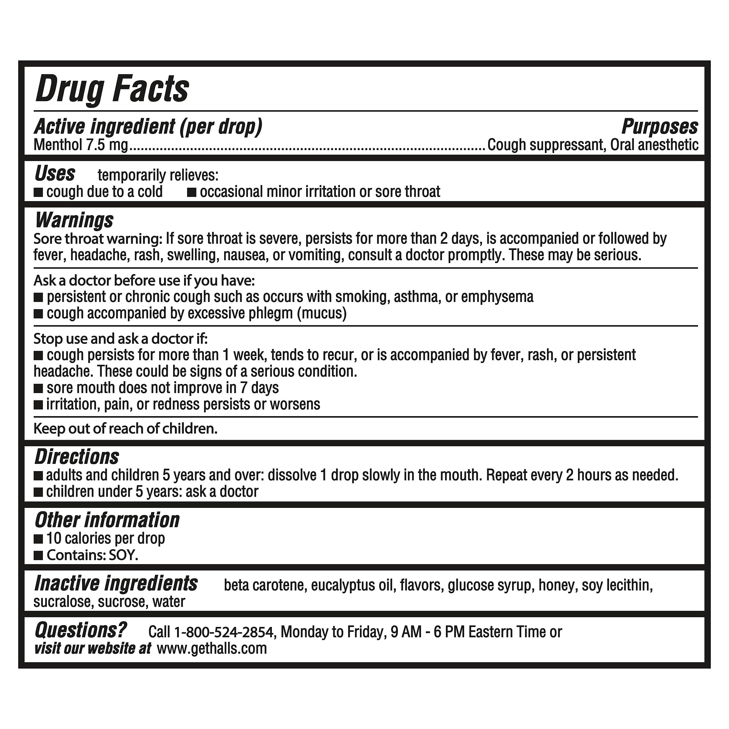 HALLS menthol lozenges eighty count bag layout displaying nutritional drug facts.
