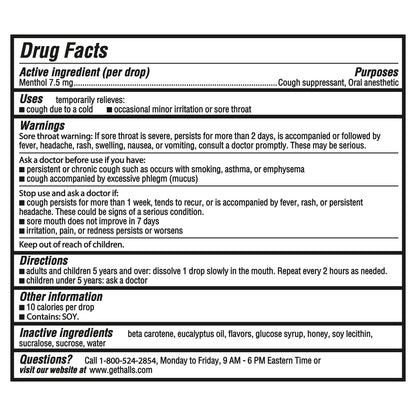 HALLS menthol lozenges eighty count bag layout displaying nutritional drug facts.