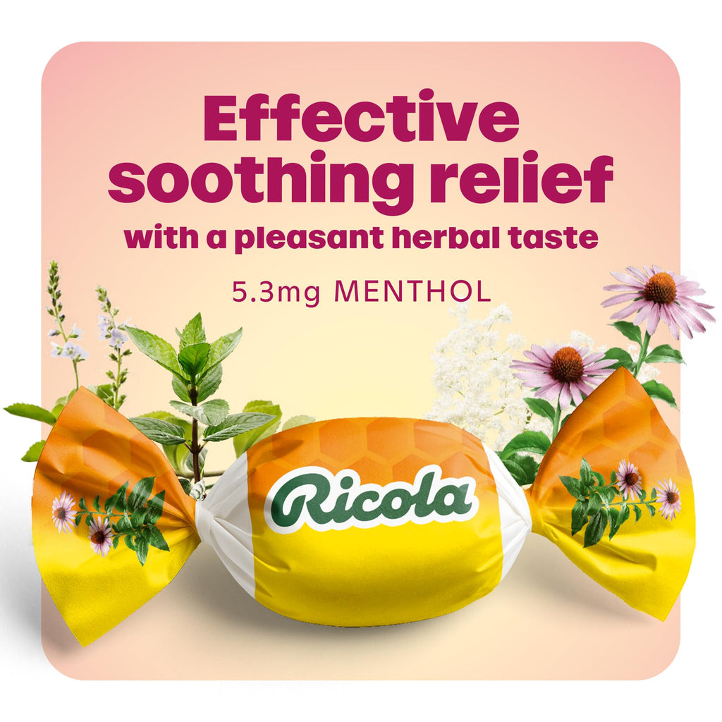 Ricola Swiss alpine herbs oral anesthetic drops for sore throat relief.