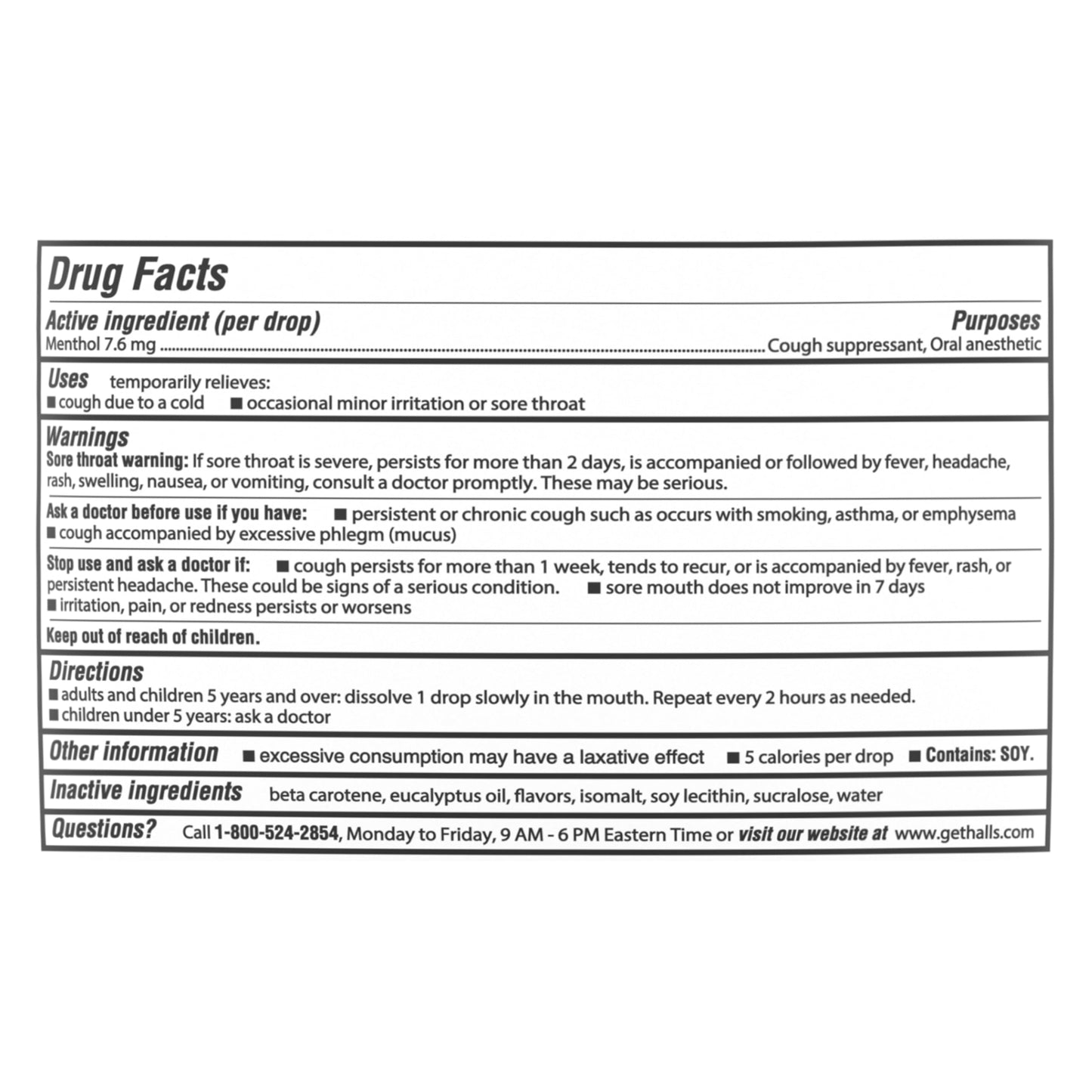 HALLS relief sugar free cough drops active menthol ingredient side panels