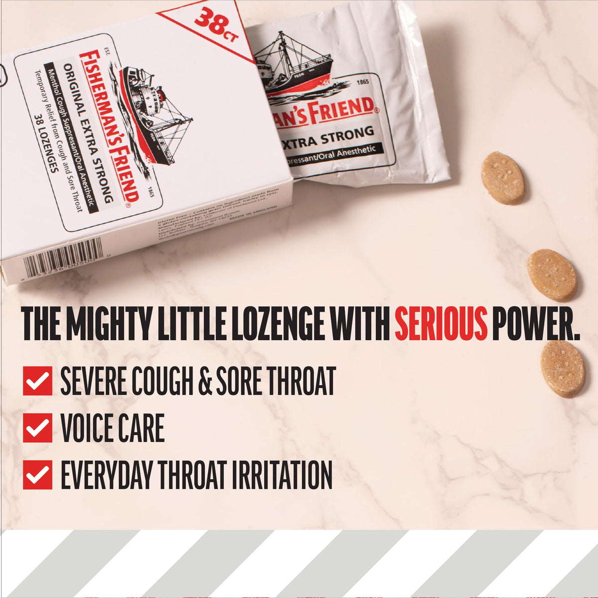 Fisherman's Friend Original Extra Strong lozenge pieces displayed outside the pack showcasing their unique shape.