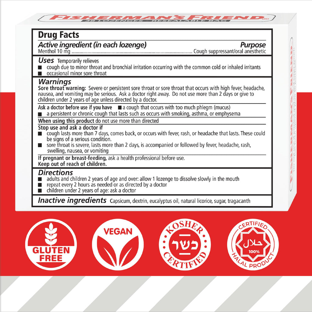 Close up view of the vegan and gluten free certifications on the Fisherman's Friend packaging.