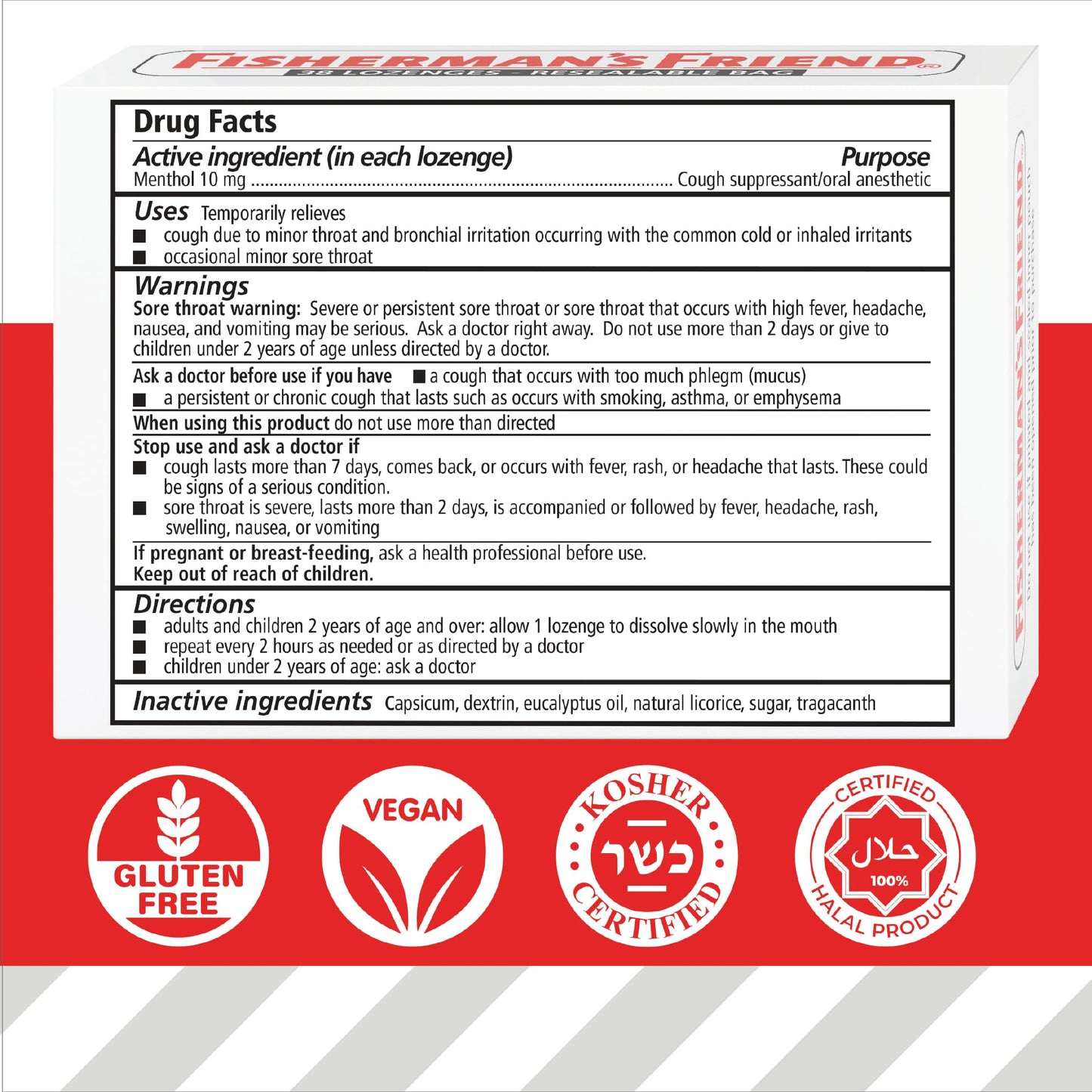 Close up view of the vegan and gluten free certifications on the Fisherman's Friend packaging.