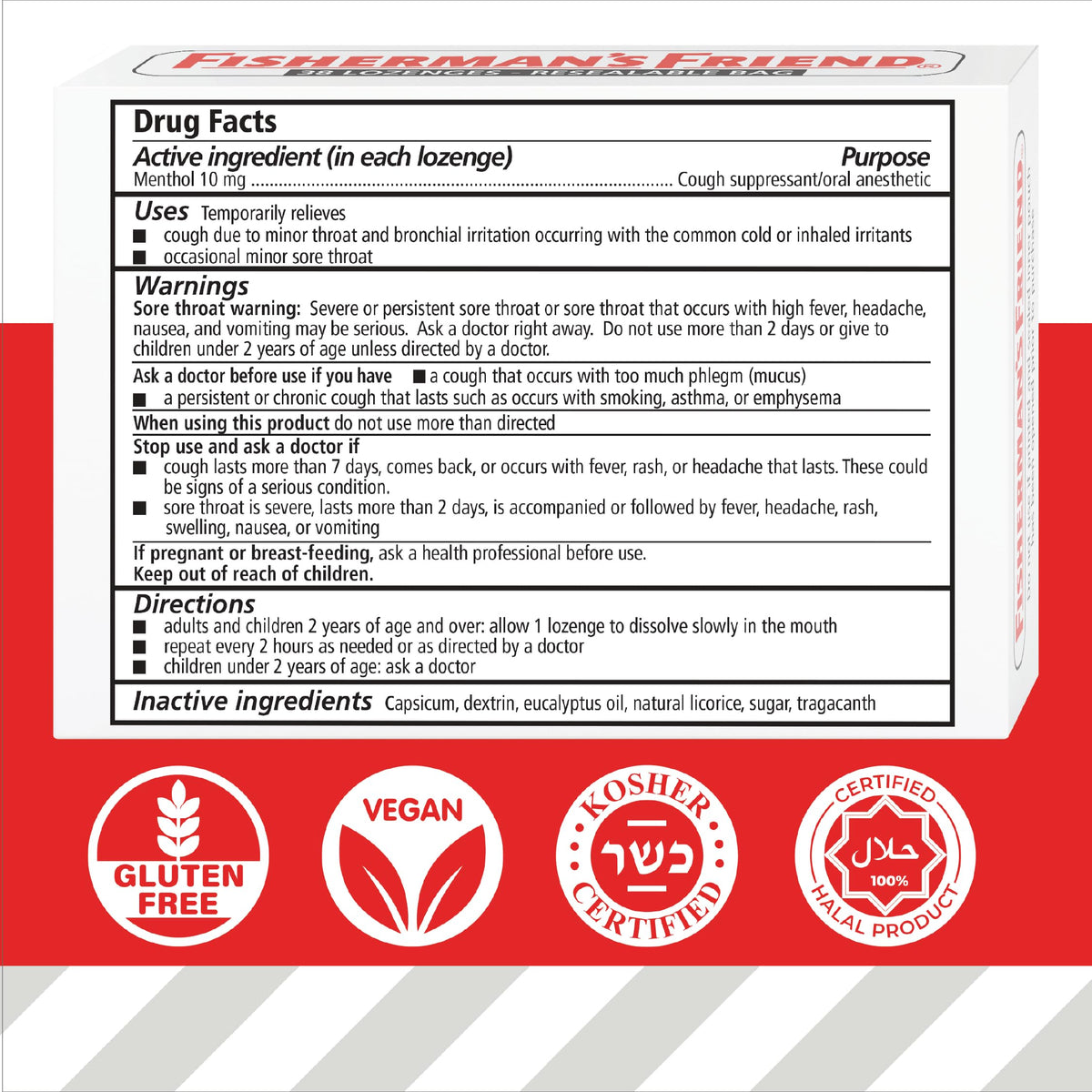 Close up view of the vegan and gluten free certifications on the Fisherman's Friend packaging.