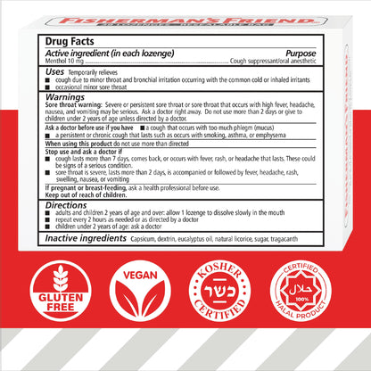 Close up view of the vegan and gluten free certifications on the Fisherman's Friend packaging.