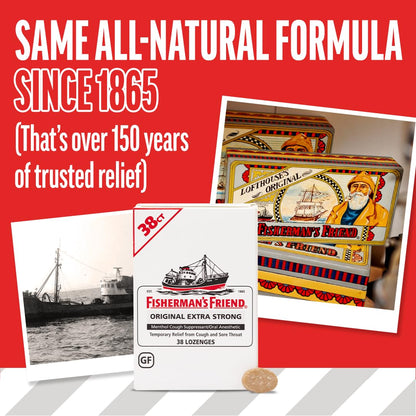 Fisherman's Friend cough suppressant packaging displaying the classic formulation heritage details since 1865.