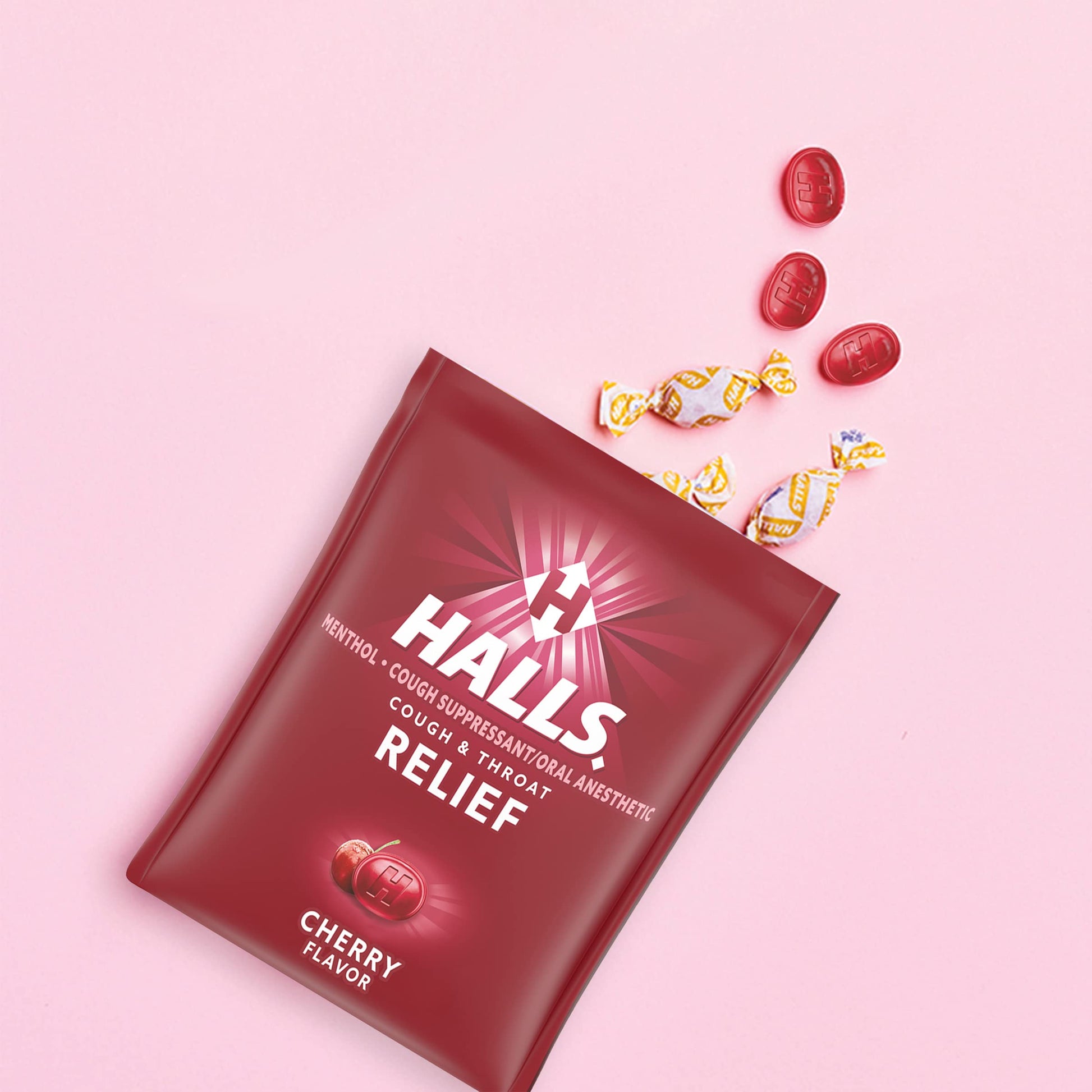 Back of Halls Relief cough drops packaging with instructions