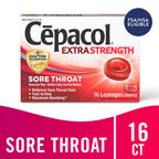 Side view of Cepacol cherry flavored oral pain reliever lozenges box showing drug facts and ingredients