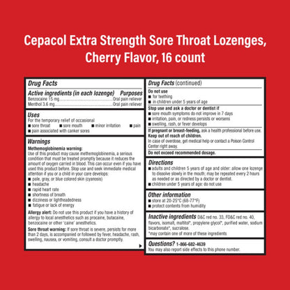Back panel of authentic USA imported Cepacol extra strength sore throat lozenges with detailed usage instructions