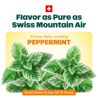 Side view of the imported Ricola MAX liquid center throat drops highlighting the authentic Swiss Alpine herbs blend