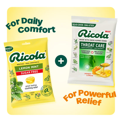 Ricola MAX Throat Care Honey Lemon package demonstrating the maximum strength menthol cough suppressant features