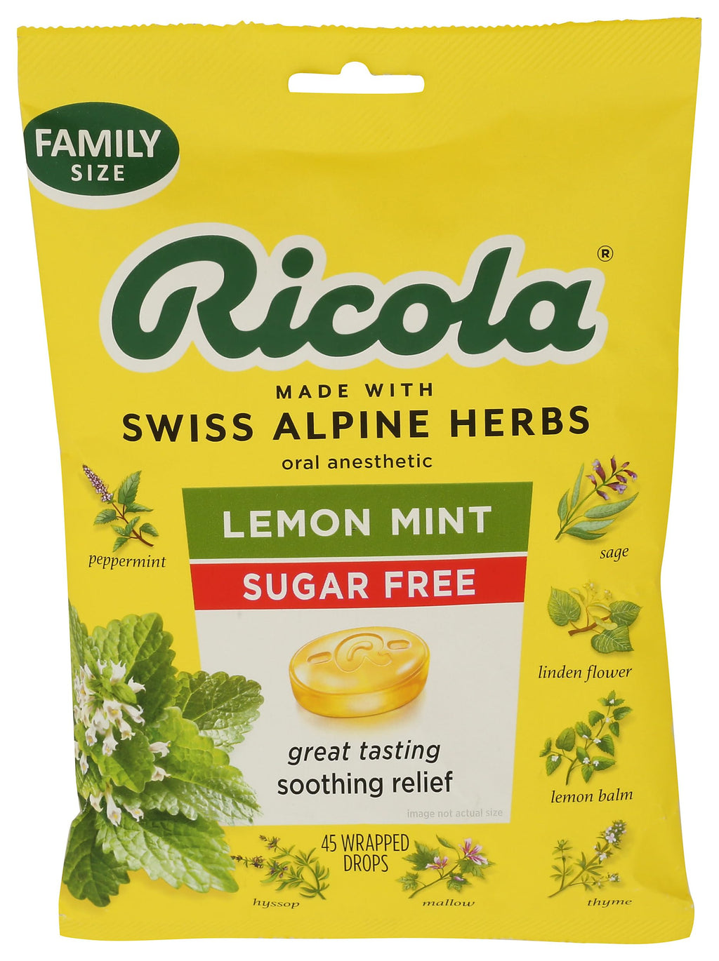 Ricola herbal throat drops 45 count side view highlighting the natural Swiss alpine herbs composition