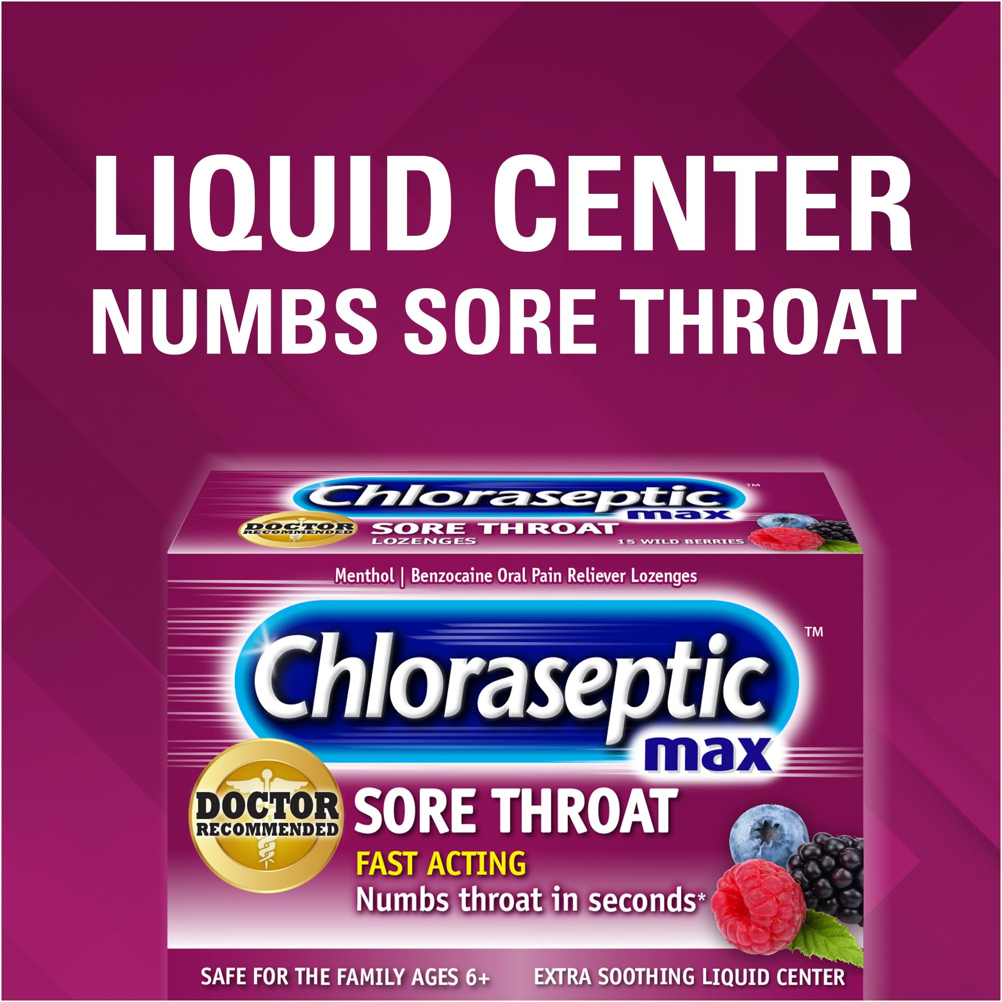 Chloraseptic fast acting numbing lozenges close up showing fifteen count product information