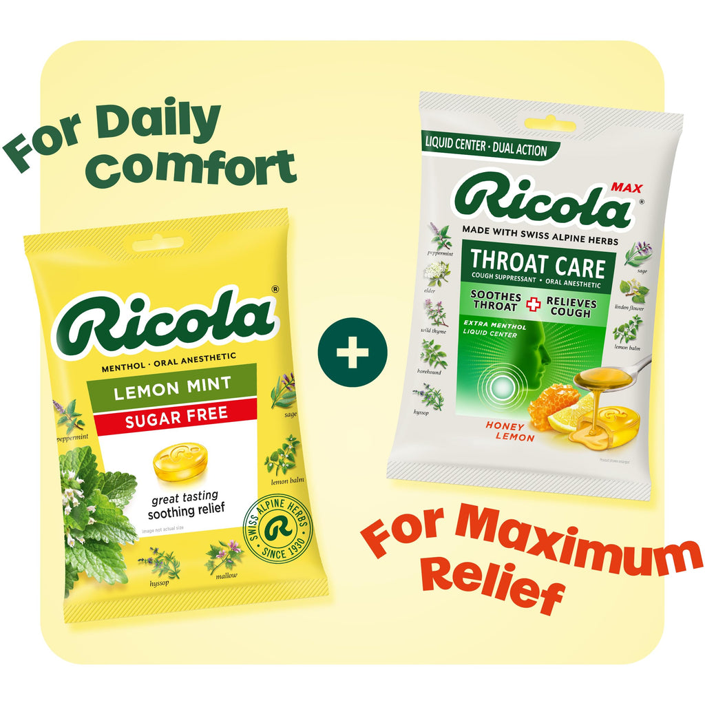 Back of Ricola lemon mint throat drops pack showing usage instructions and health warnings for consumer safety