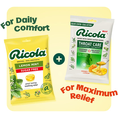 Back of Ricola lemon mint throat drops pack showing usage instructions and health warnings for consumer safety
