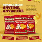 Honees cough drops packaging detailing the natural liquid honey center benefits.