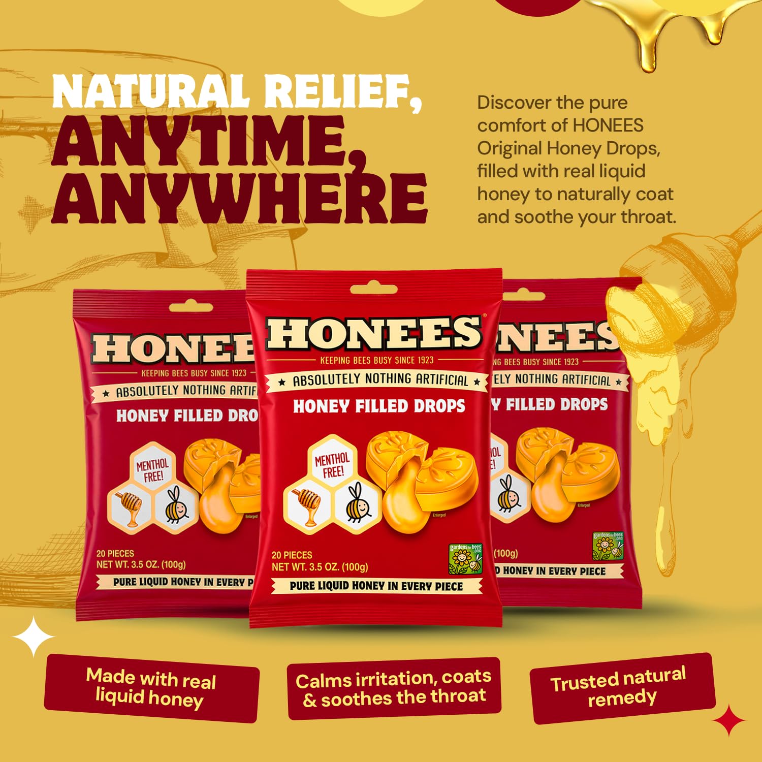 Honees cough drops packaging detailing the natural liquid honey center benefits.