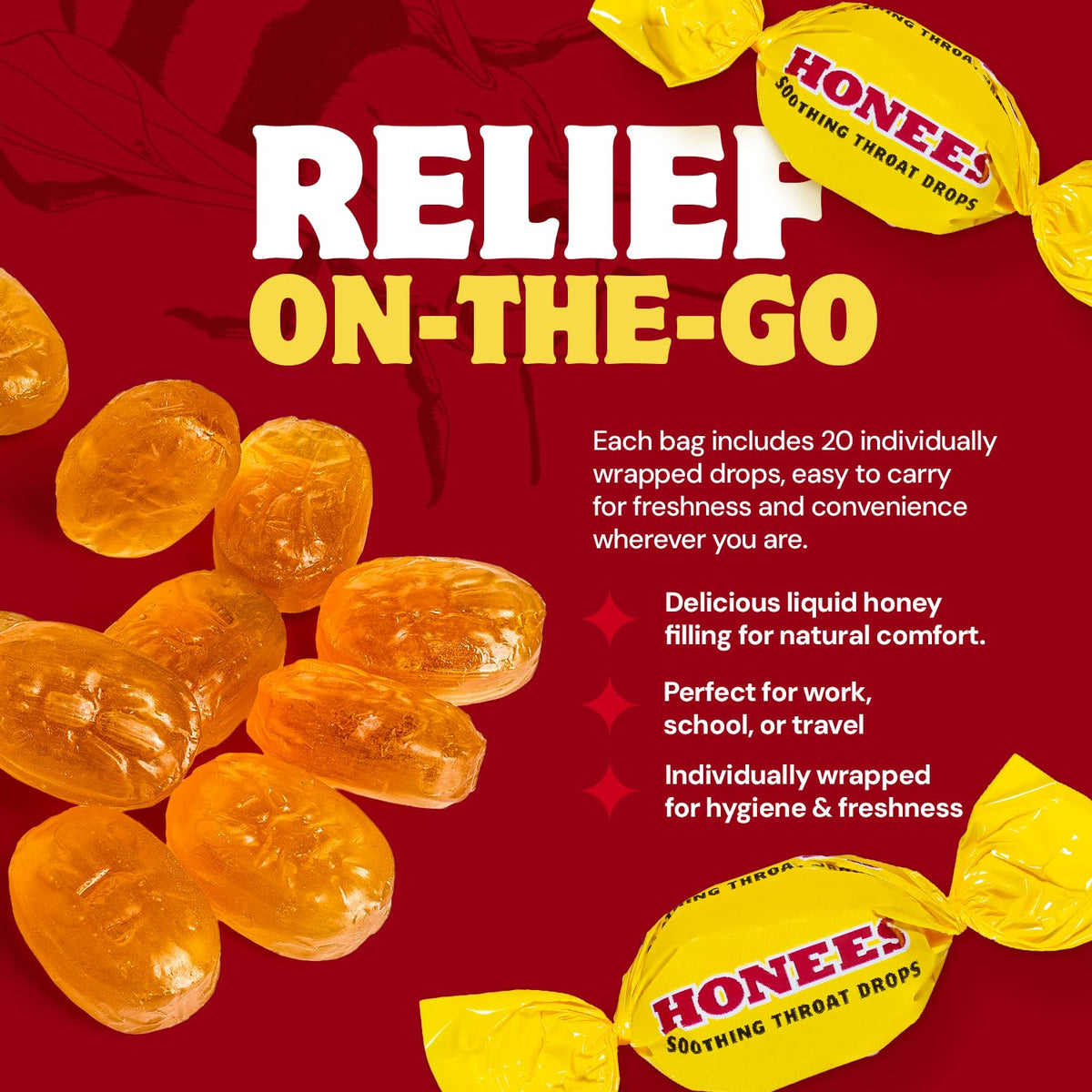 Back label of Honees soothing throat drops showing pure ingredients and usage instructions.