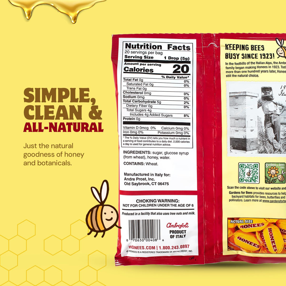 Honees non-GMO honey lozenges bag showcasing the menthol free formula.