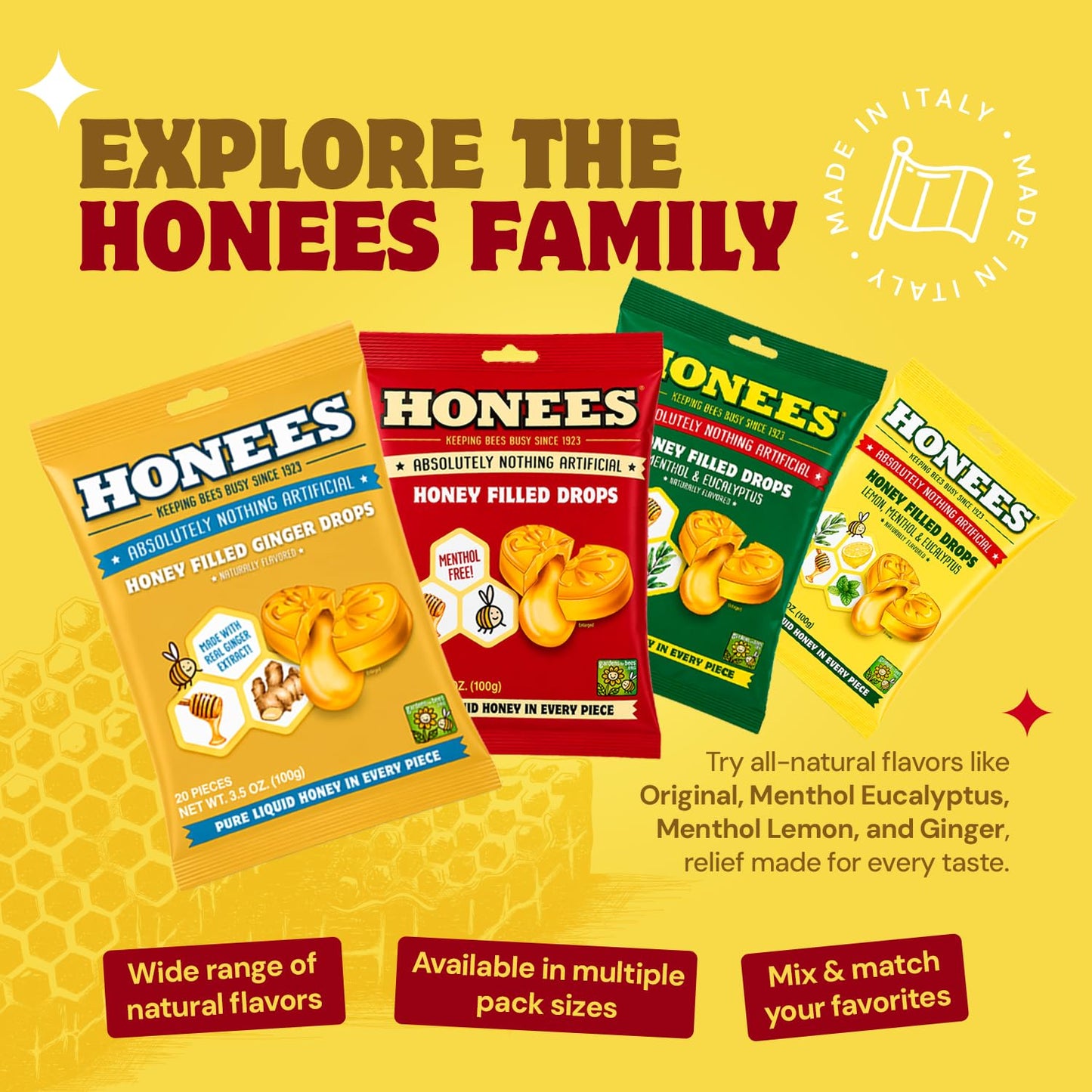 Honees liquid honey centered king size drops nutrition and allergen information.