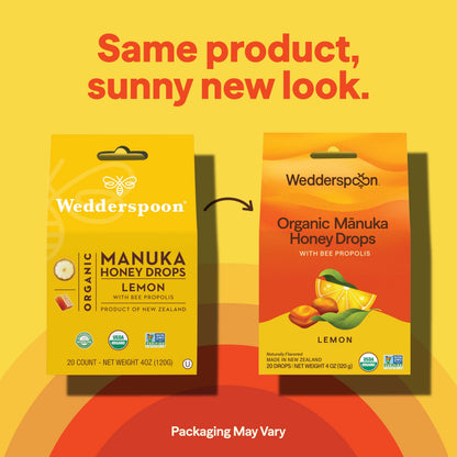 Wedderspoon lemon and bee propolis lozenges twenty count box showing non GMO label