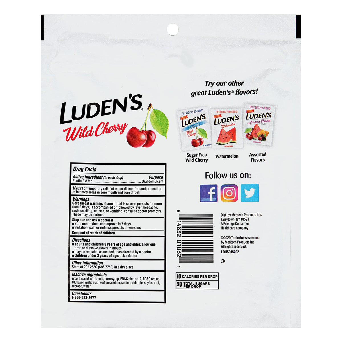Luden's daily sore throat relief drops wild cherry flavor side view