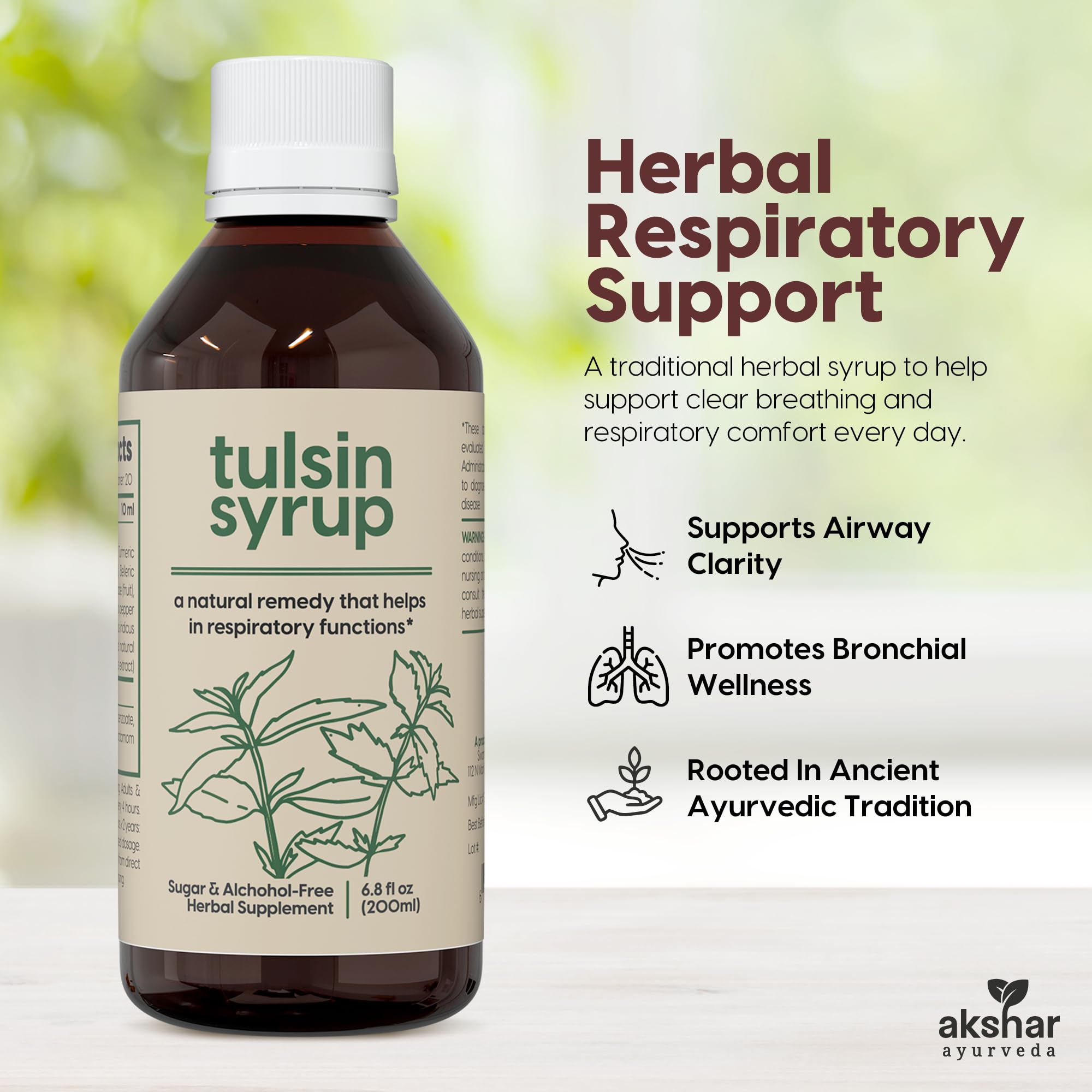 AKSHAR Ayurveda lung health supplement highlighting the sugar free and alcohol free label.