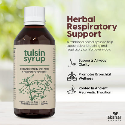 AKSHAR Ayurveda lung health supplement highlighting the sugar free and alcohol free label.