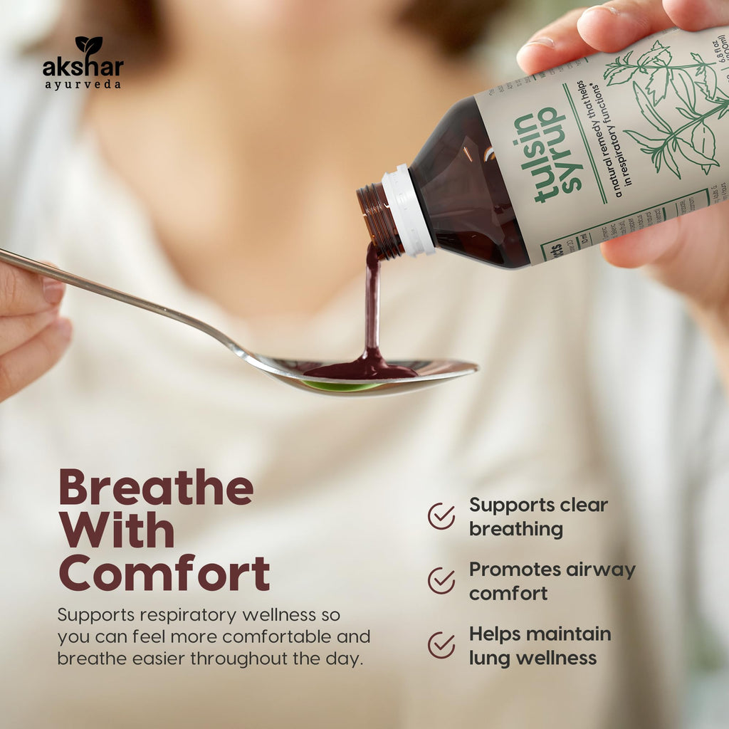 AKSHAR Ayurveda herbal blend showing the main ingredients for natural mucus relief.