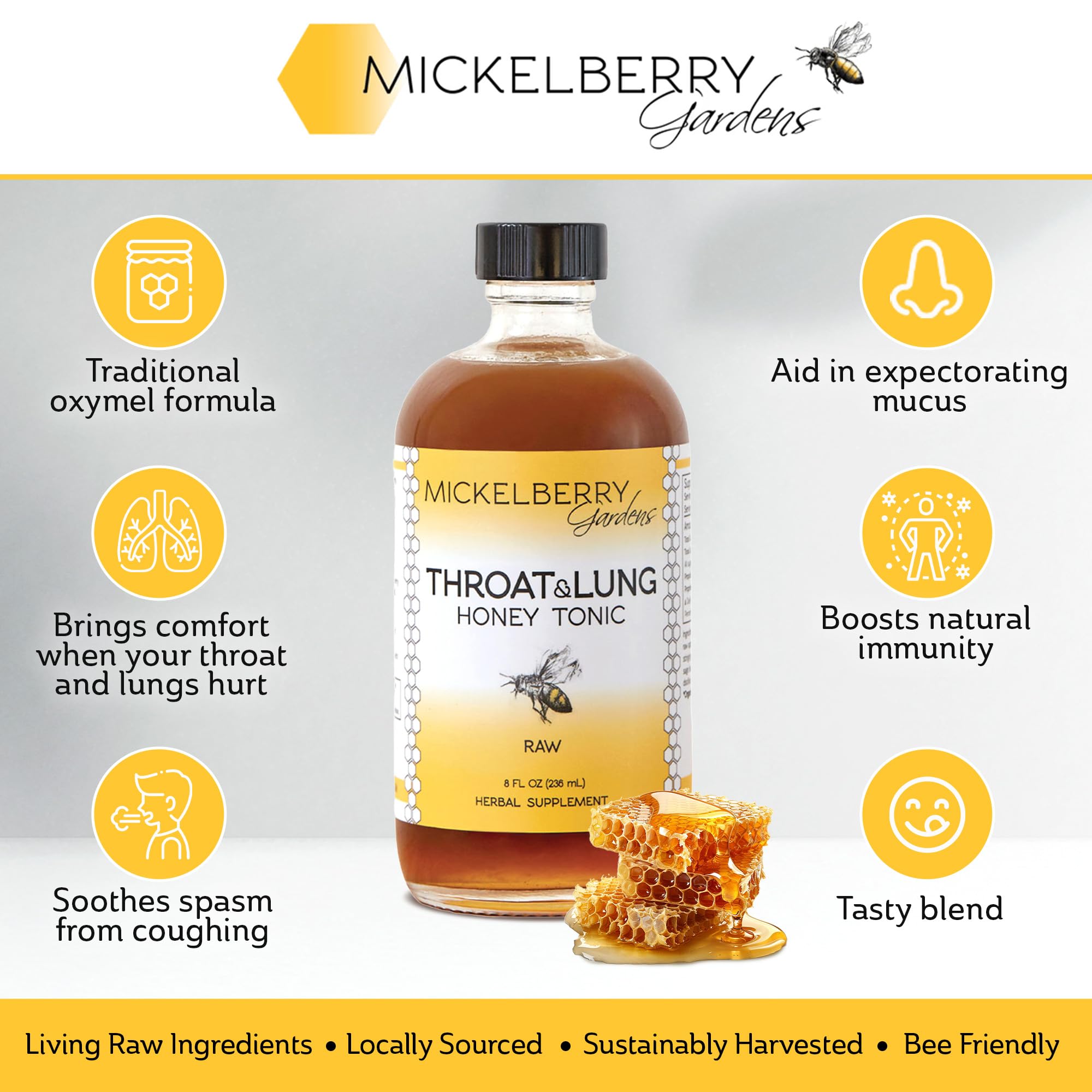 Mickelberry Gardens Throat and Lung herbal syrup back label showing organic ingredients.